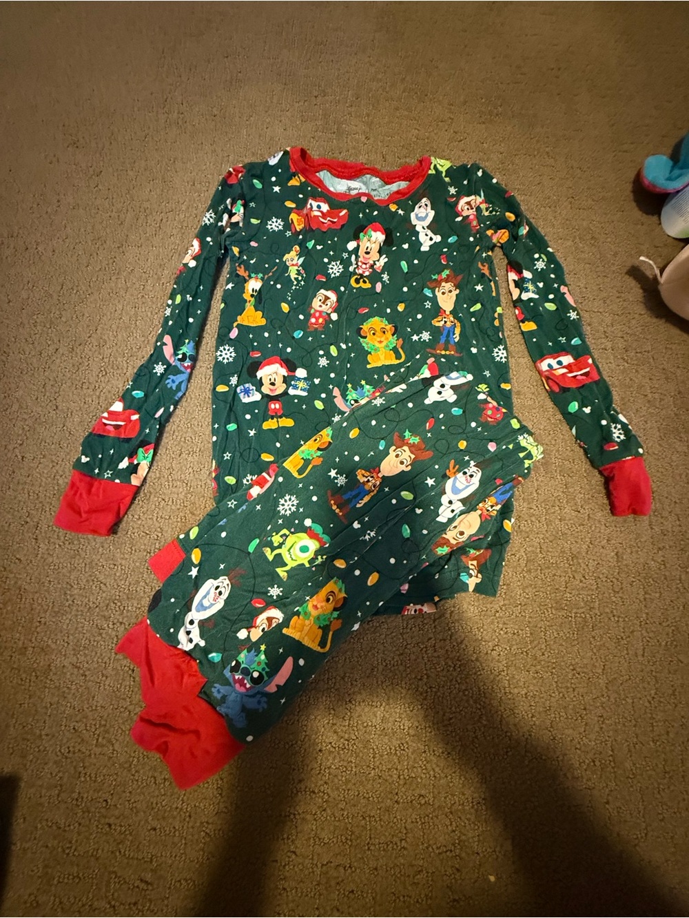Disney Kids Green Holiday Character One-Piece Pajamas with Red Trim